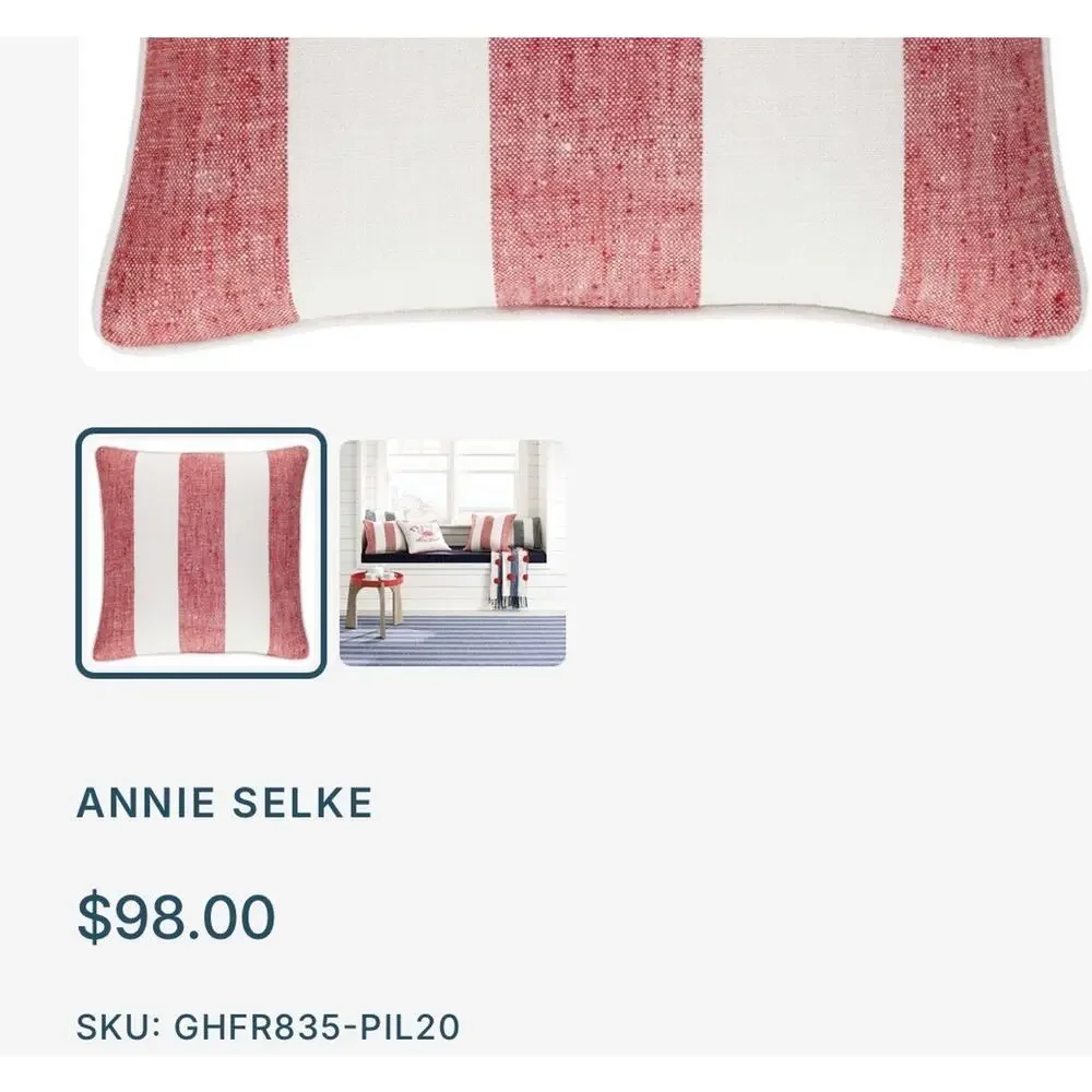 Annie Selke Awning Stripe Decorative Pillow Cover Red White Indoor Outdoor